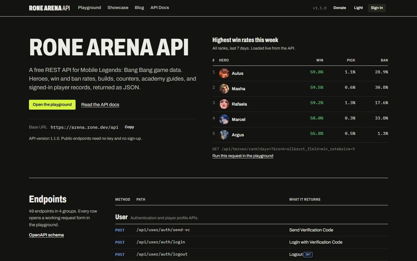 The MLBB API & Web Platform site, open at arena.rone.dev